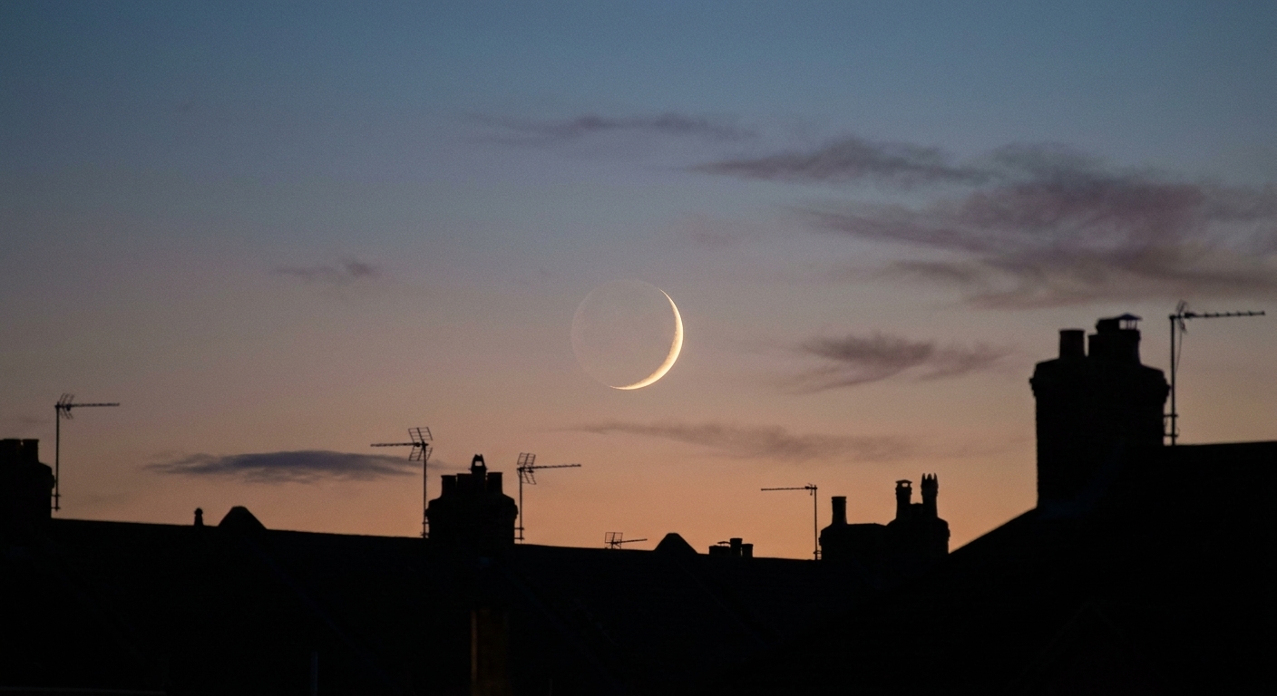 A real photo of a thin waxing crescent Moon low in the evening sky with a faint glow on the dark side and a silhouette of rooftops below