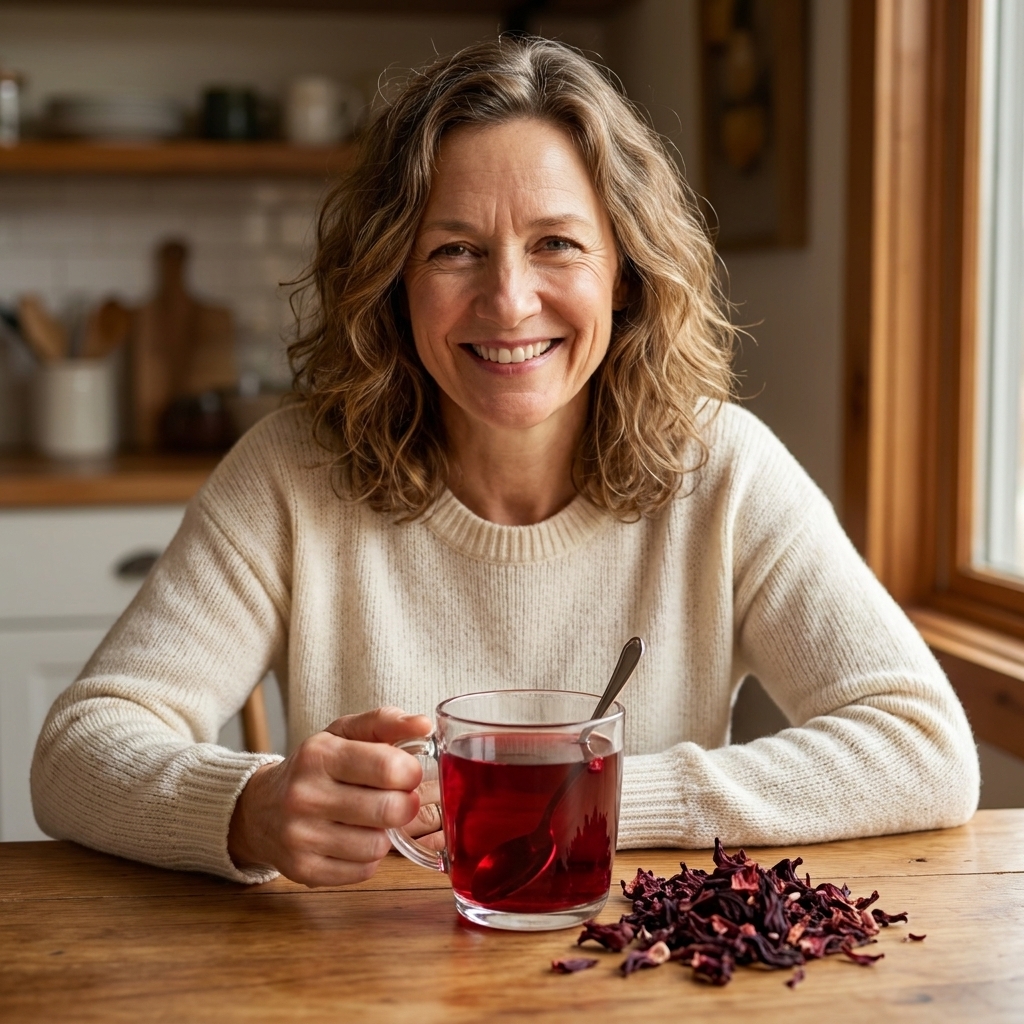 A real photograph of a clear glass mug filled with deep red hibiscus tea on a wooden table, with a small spoon and loose dried hibiscus nearby