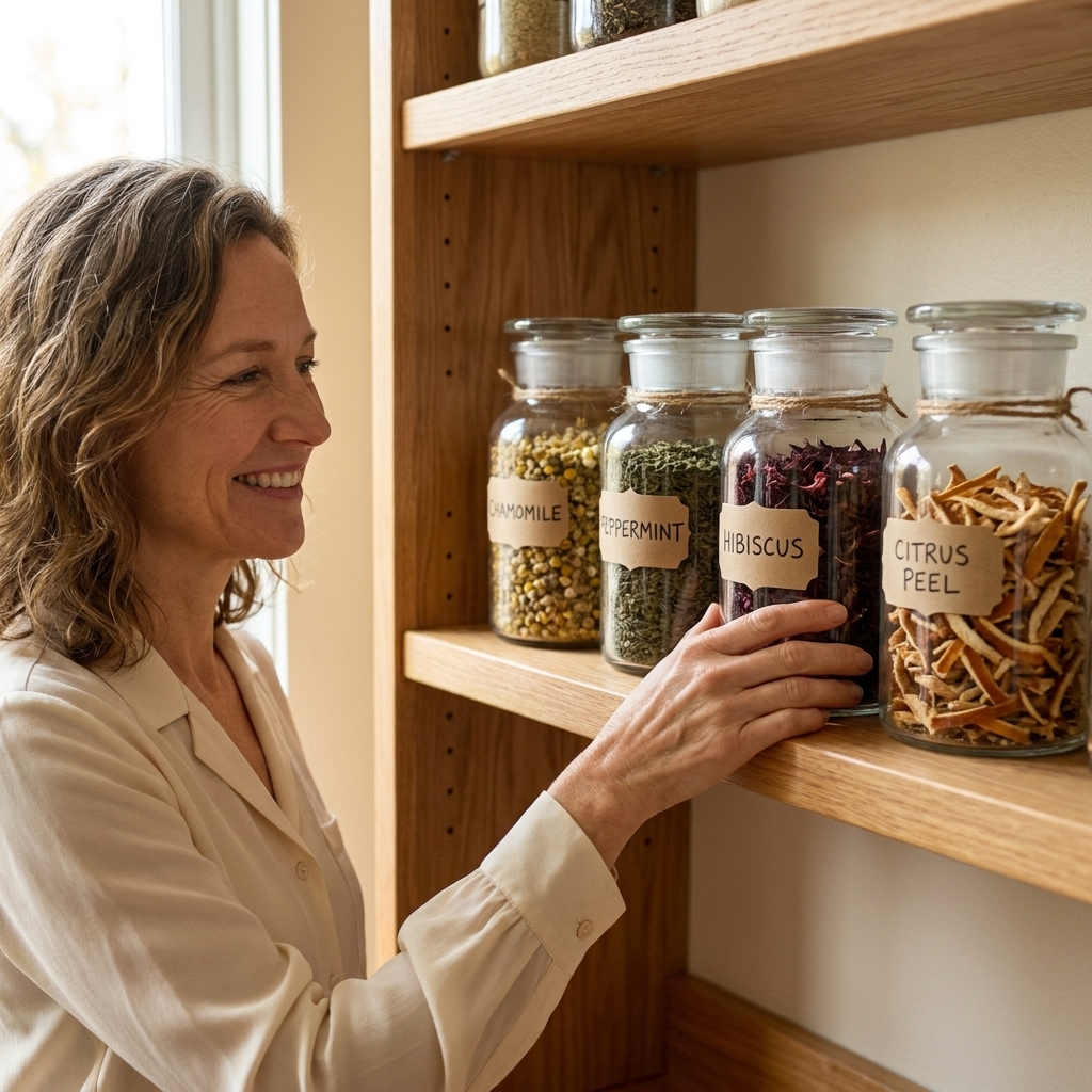 A real photograph of a kitchen shelf lined with labeled glass jars containing dried chamomile, peppermint, hibiscus, and citrus peel