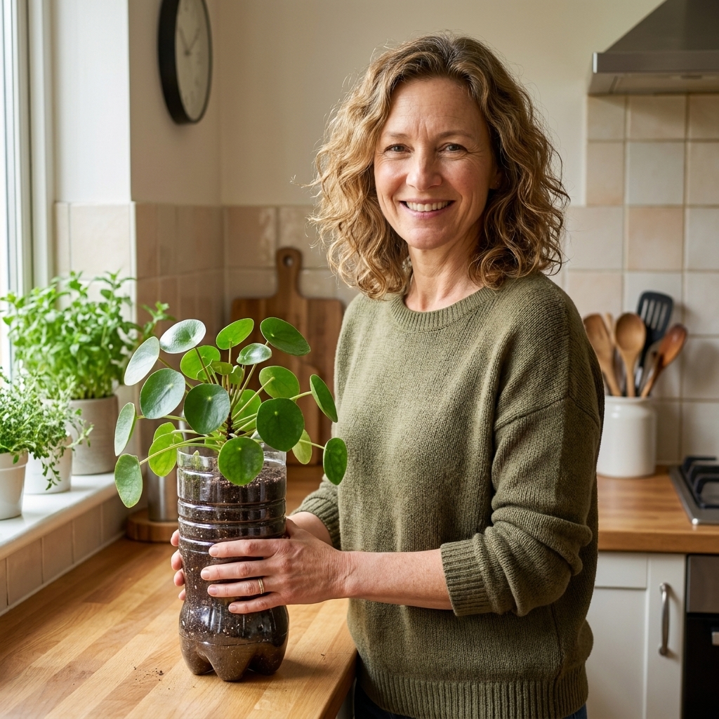 A repurposed plastic bottle planter with a leafy green houseplant sitting on a bright kitchen counter