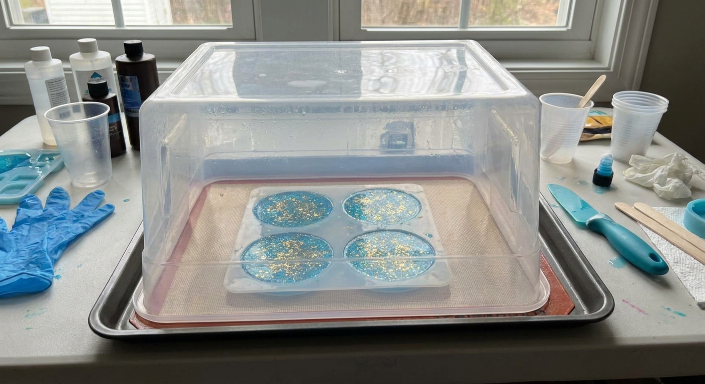 A resin coaster mold curing on a protected tray with an upside-down clear plastic storage bin placed over it as a dust cover