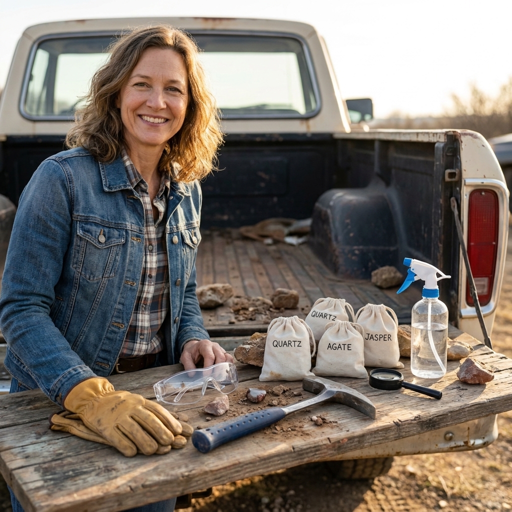 A rockhounding kit laid out on the tailgate of a truck, including gloves, safety glasses, a rock hammer, a hand lens, a spray bottle, and small labeled bags