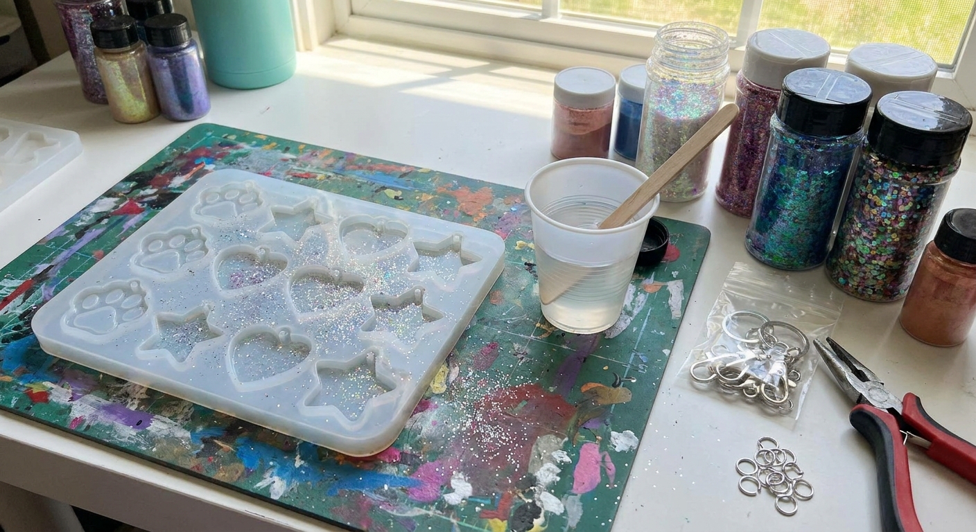 A silicone keychain mold on a craft table with a small mixing cup of clear resin, glitter nearby, and a keyring hardware set ready to use