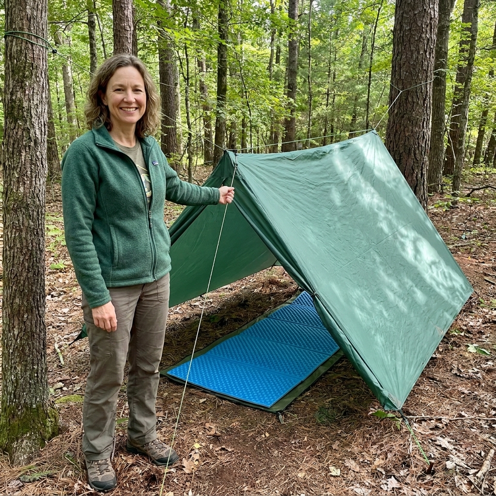 A simple A-frame tarp shelter pitched between two trees in a forest, with guy lines staked to the ground and a sleeping pad visible inside