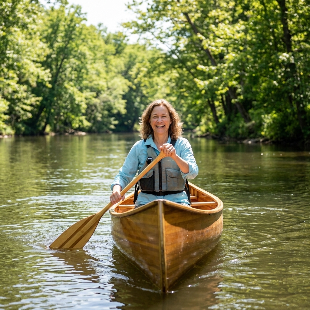 A single canoe gliding on a slow, calm river bordered by green trees on a bright summer day