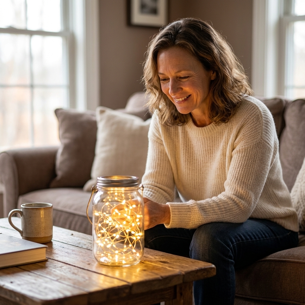 A single glass jar lantern glowing with warm fairy lights on a wooden coffee table