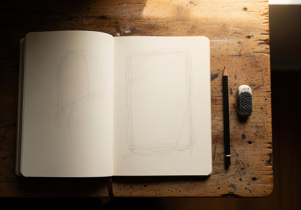 A sketchbook open on a wooden table with a graphite pencil and a white eraser beside it, natural light from a nearby window