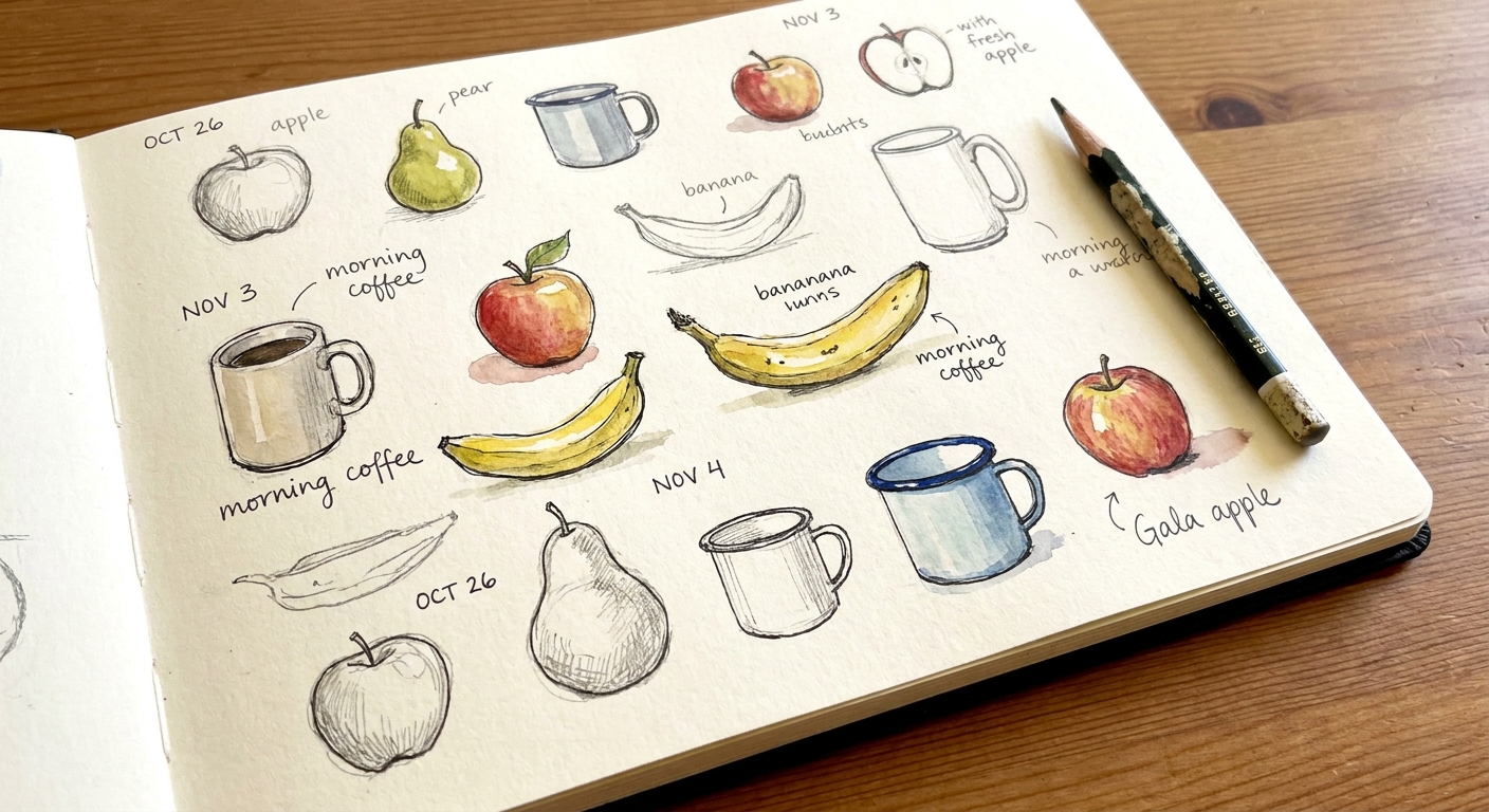 A sketchbook page showing several small daily practice sketches of fruit and mugs