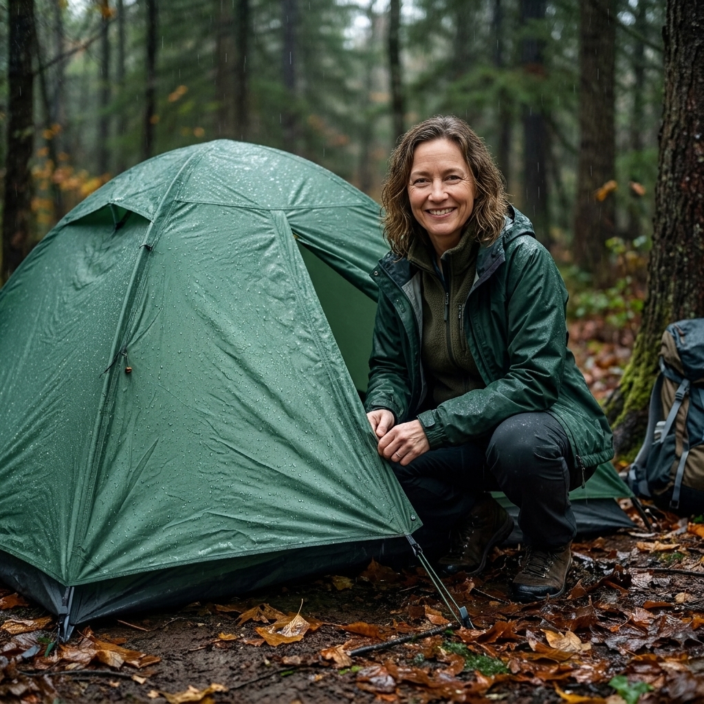 A small backpacking tent pitched on damp forest ground during light rain, with a taut rainfly and wet leaves scattered around the campsite