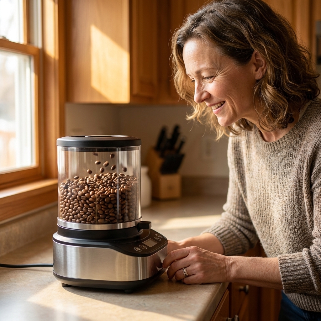 A small countertop coffee roaster on a kitchen counter with a clear chamber showing beans tumbling as they roast