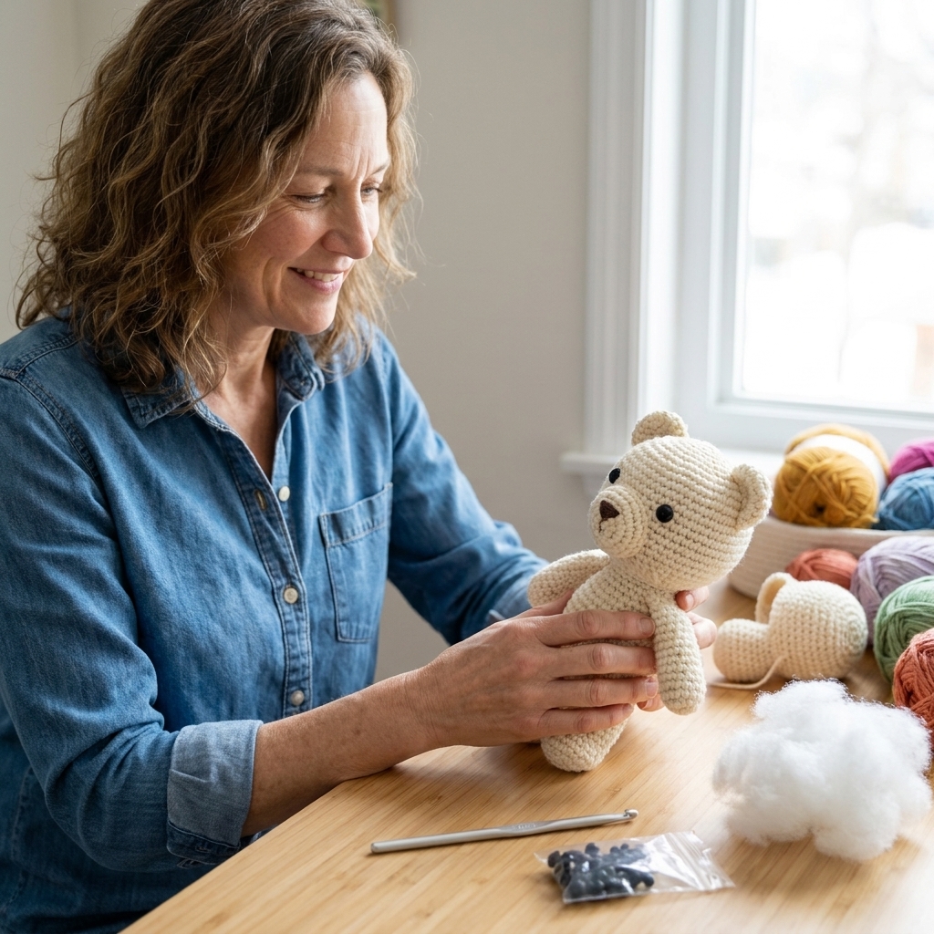 A small crocheted amigurumi animal on a craft table with a hook, safety eyes, and fiberfill nearby.