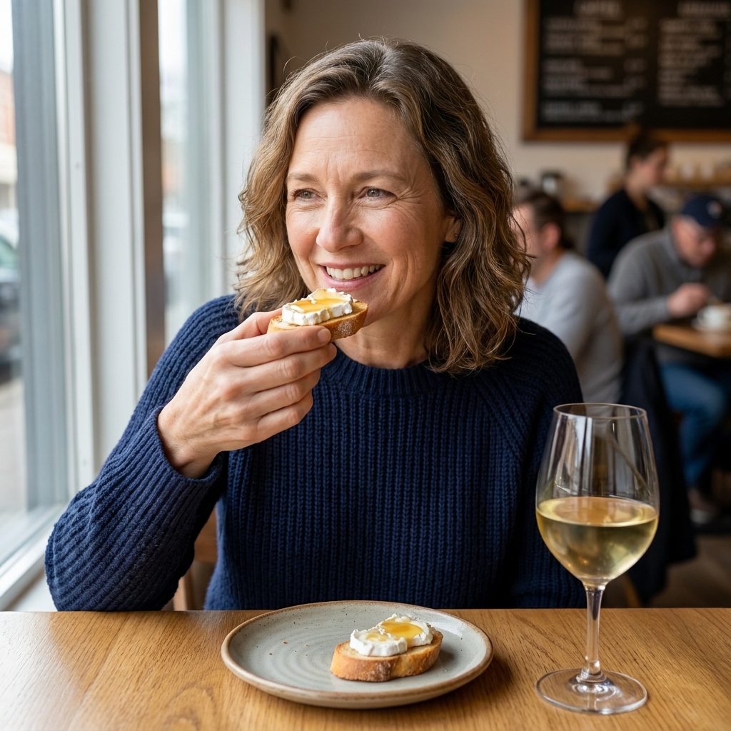 A small crostini topped with goat cheese and a drizzle of honey on a plate beside a glass of white wine