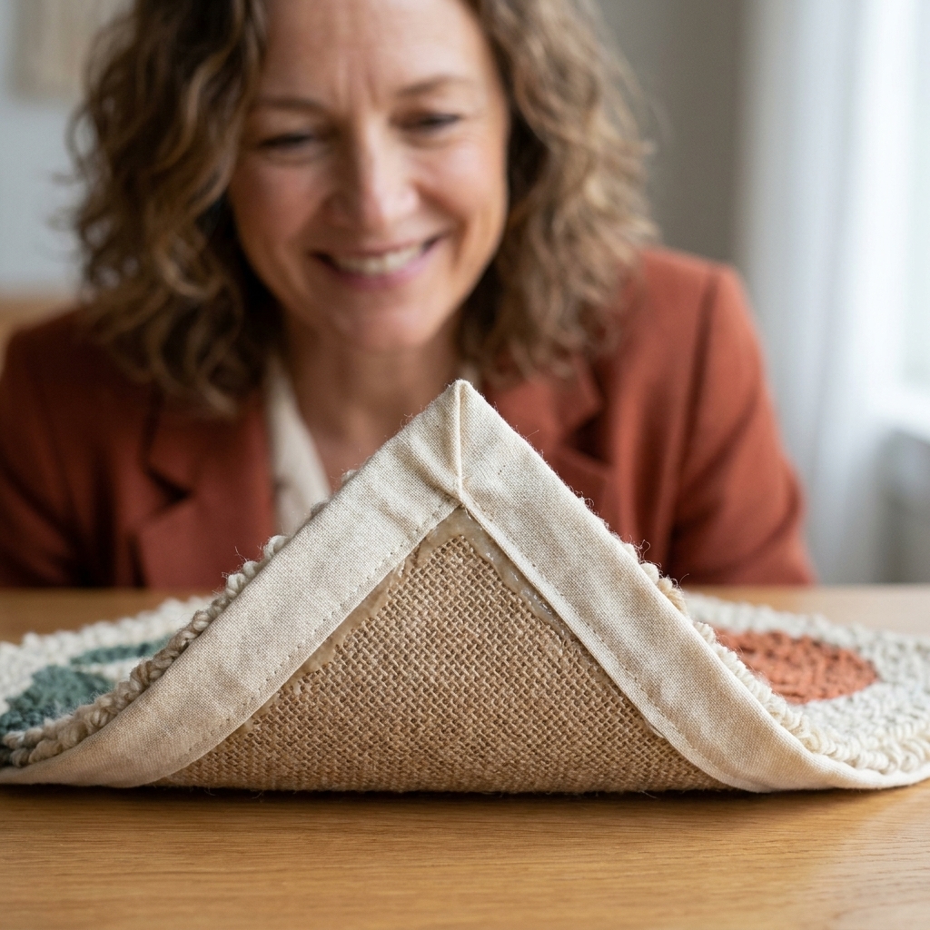 A small finished punch needle rug flipped over on a table, showing a neatly glued backing fabric and clean folded edges around the perimeter
