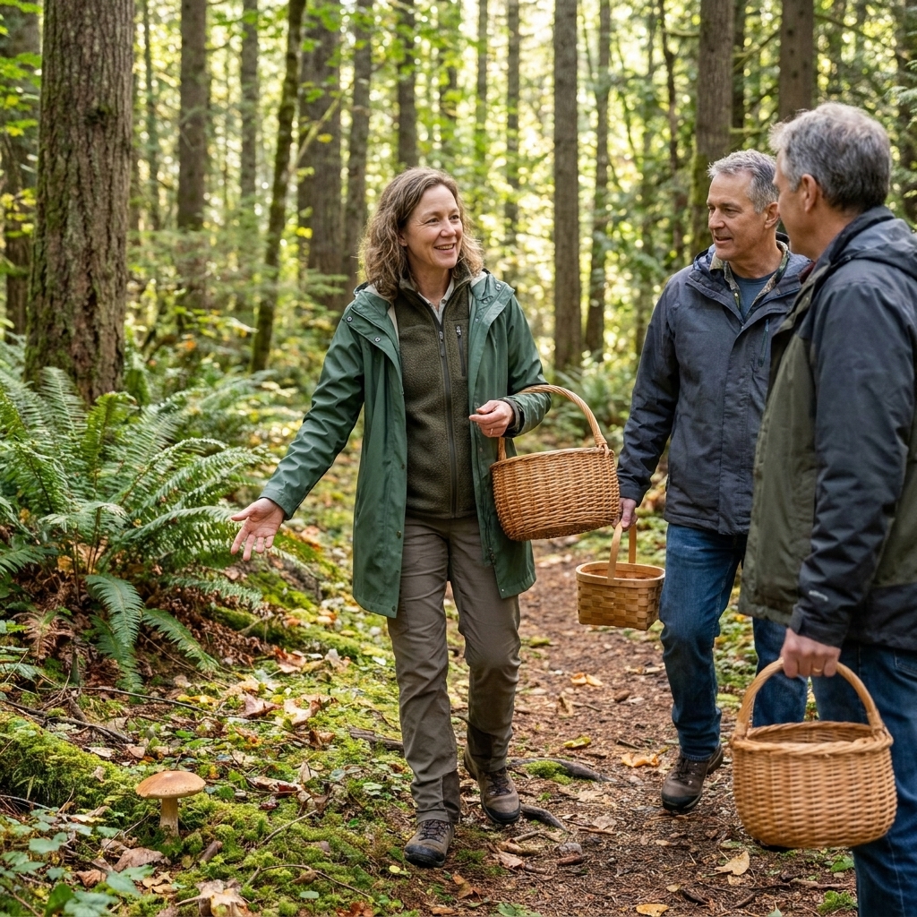 A small group of adult foragers walking through a wooded trail with baskets during an organized mushroom foray