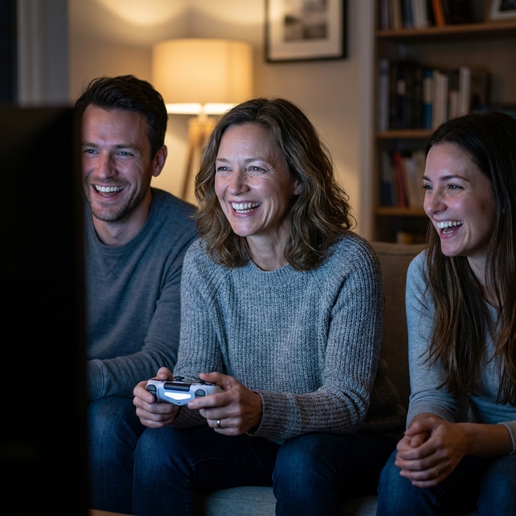 A small group of friends sitting on a couch holding game controllers while playing on a TV in a living room at night
