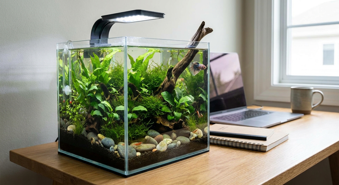 A small nano aquarium on a desk with a simple aquascape of green aquatic plants, smooth stones, and a piece of driftwood, lit by a compact LED light