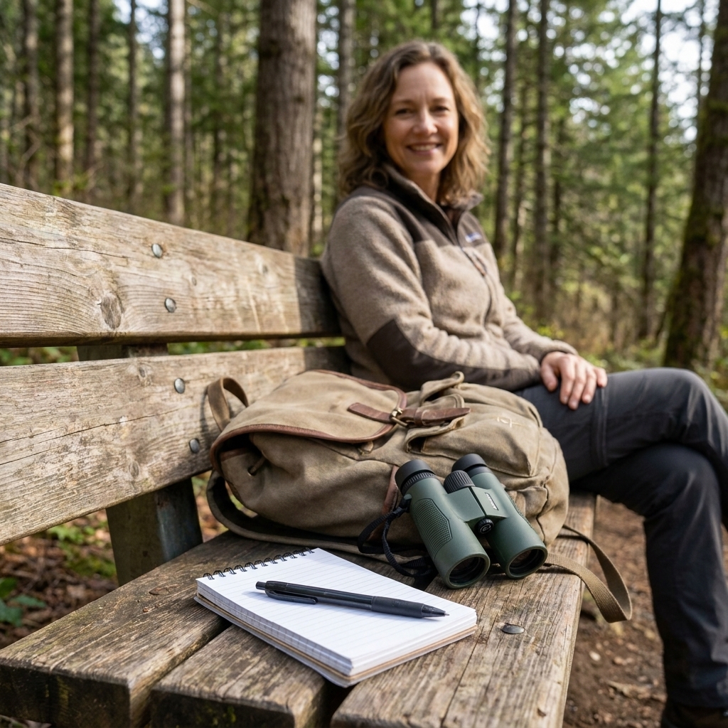 A small notebook, a pen, and compact binoculars placed on a backpack on a trail bench with trees in the background
