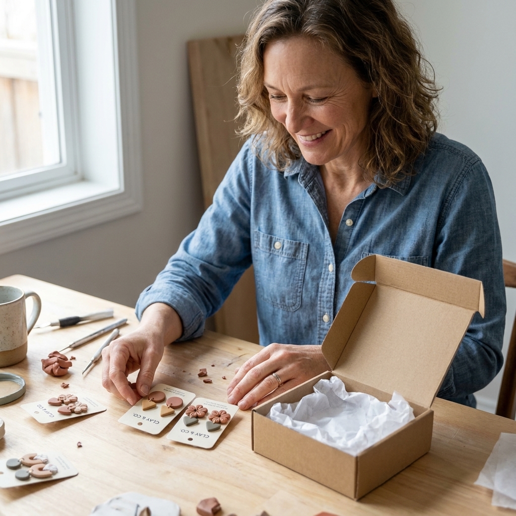 A small set of polymer clay earrings on branded backing cards placed beside a kraft jewelry box and tissue paper on a work table