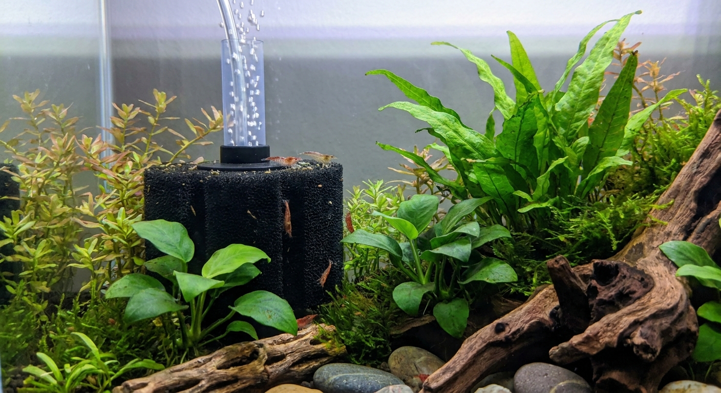 A small sponge filter inside a nano aquarium with gentle bubbles rising from an air line, surrounded by aquatic plants