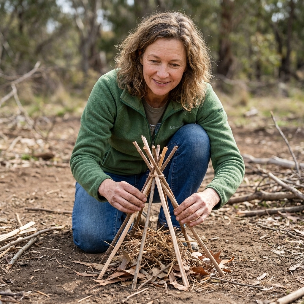 A small teepee-style campfire setup with dry tinder in the center and thin kindling sticks leaning together, arranged on bare soil