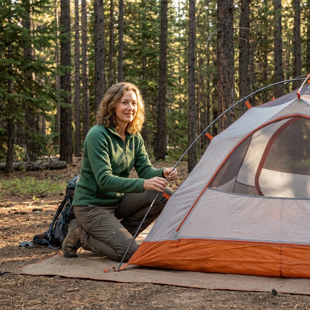 A small two-person backpacking tent being set up on a flat dirt tent pad with pine trees nearby