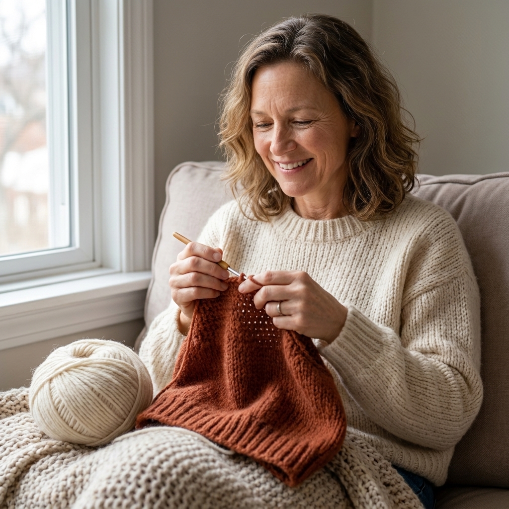 A soft wool yarn ball beside a partially crocheted sweater panel on a cozy couch with natural window light.
