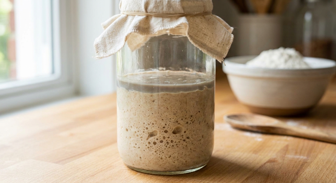 A sourdough starter in a jar with a thin grayish liquid layer on top and thicker starter underneath