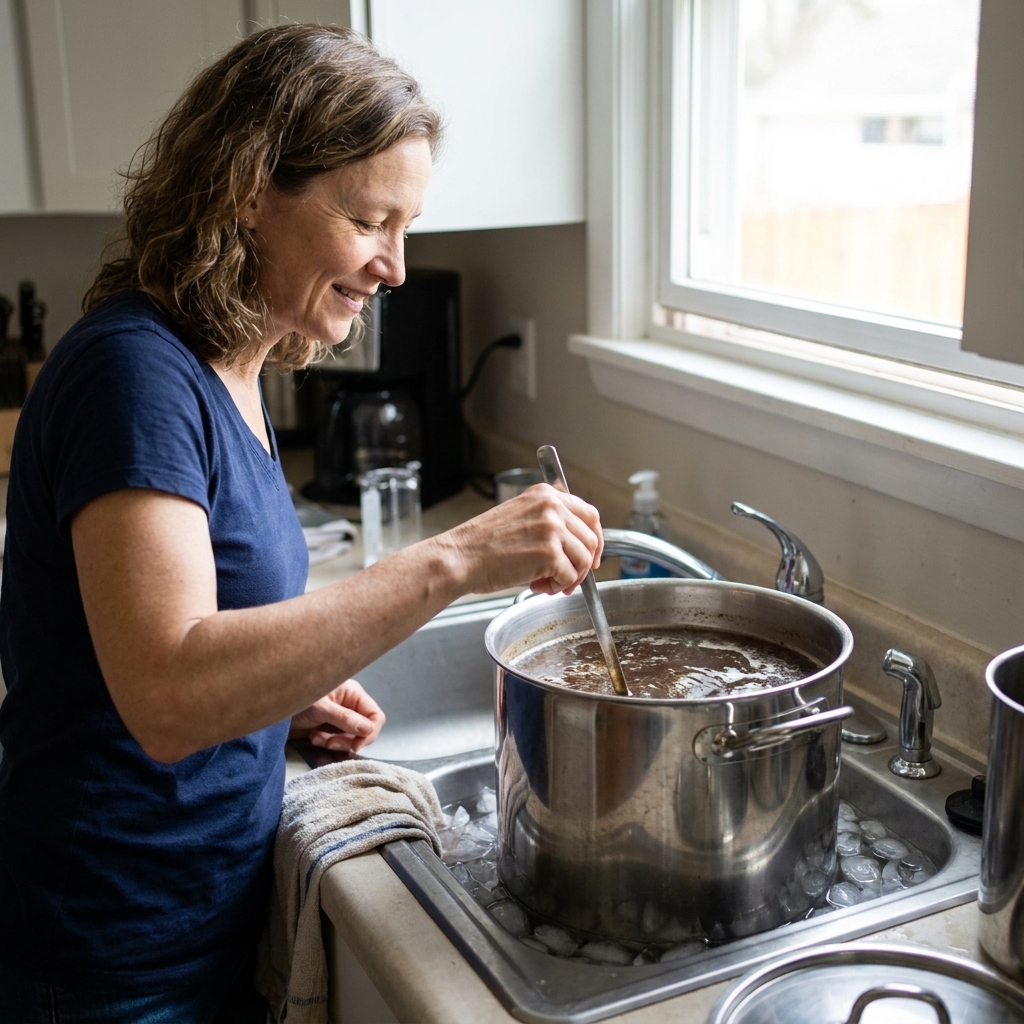 A stainless steel brew pot sitting in a kitchen sink filled with ice water while a person stirs the wort with a long spoon