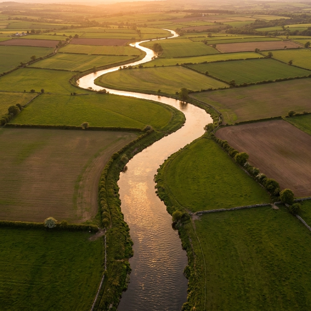 A straight-down aerial view of a winding river cutting through green farmland, with visible field boundaries and soft evening light
