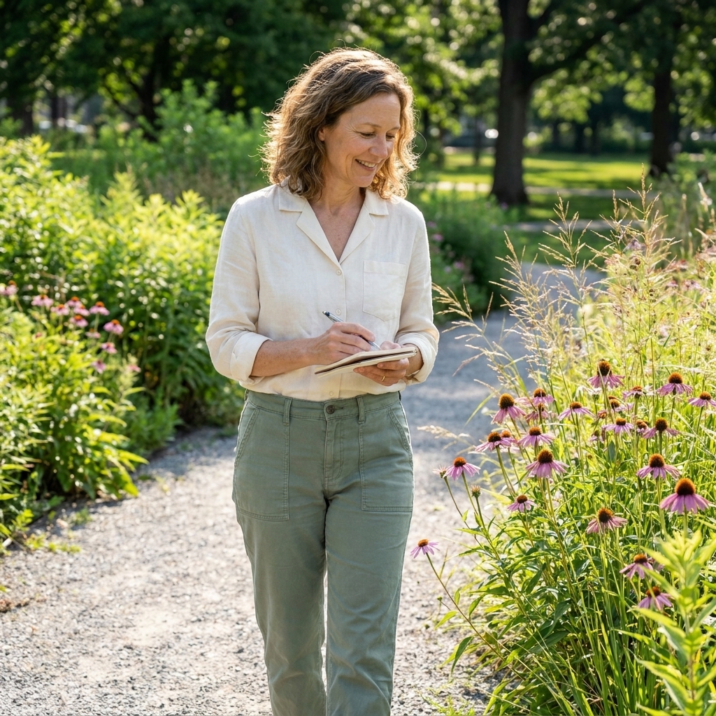 A sunny city park path with native plants and grasses along the edge, showing a casual walking route suitable for observing local flora