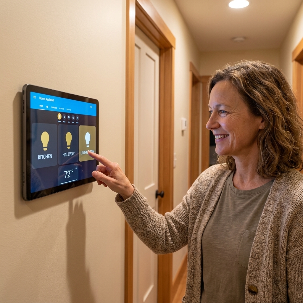 A tablet mounted on a wall in a hallway showing a Home Assistant dashboard with a few large buttons for lights and a temperature readout