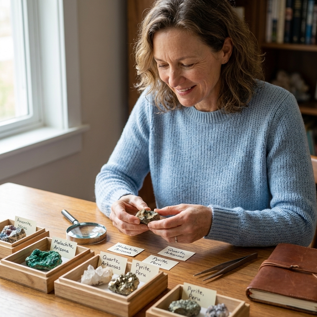 A tabletop photo of small mineral specimens stored in neat boxes with handwritten location labels on paper slips