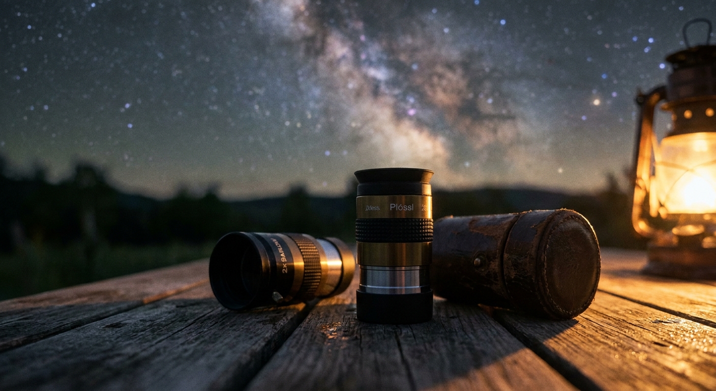 A telescope eyepiece and a 2x Barlow lens resting on a wooden table outdoors at night, with soft starlight in the background