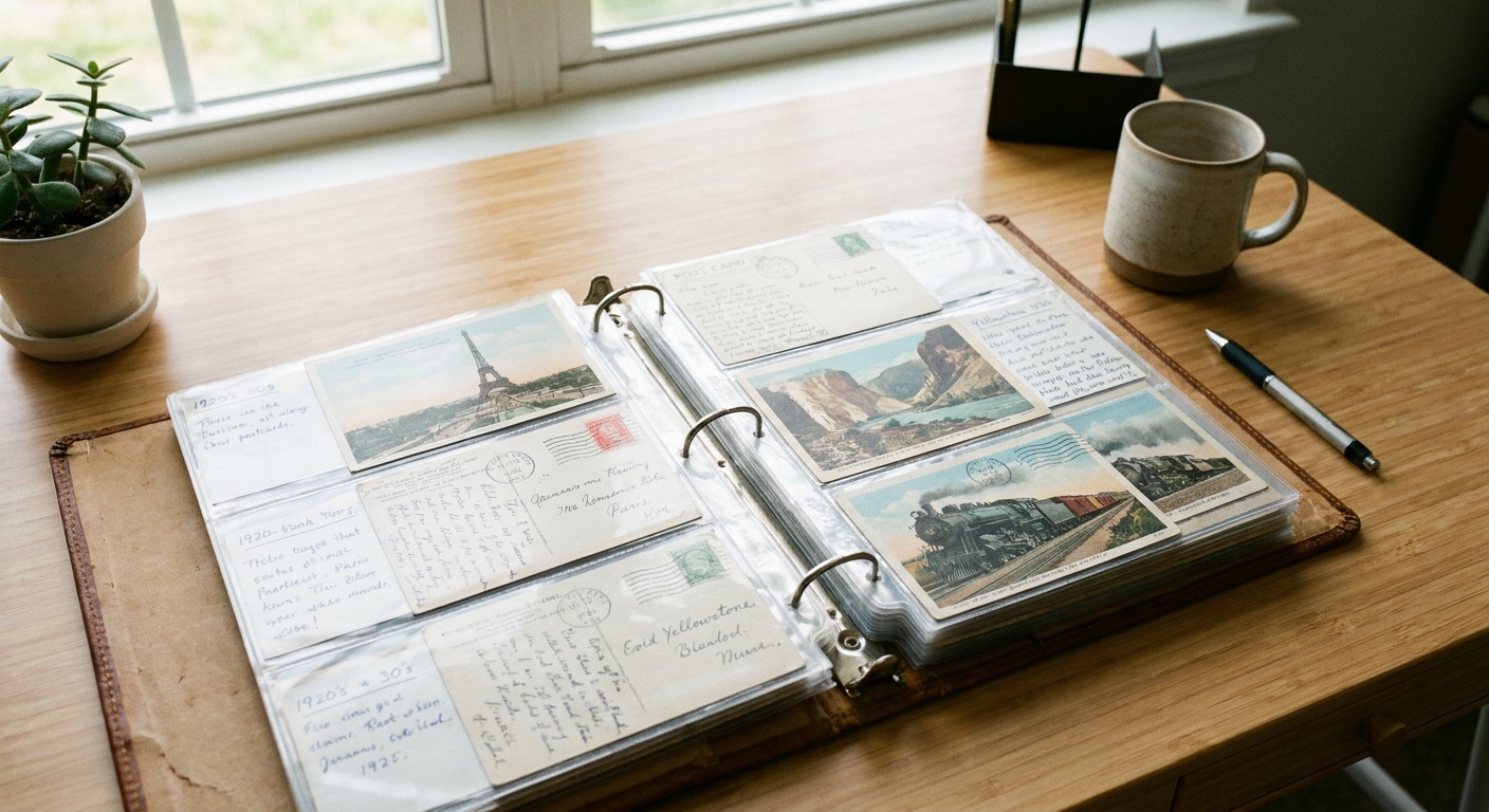 A three-ring binder opened to clear pocket pages holding vintage postcards, photographed on a tidy desk with soft daylight