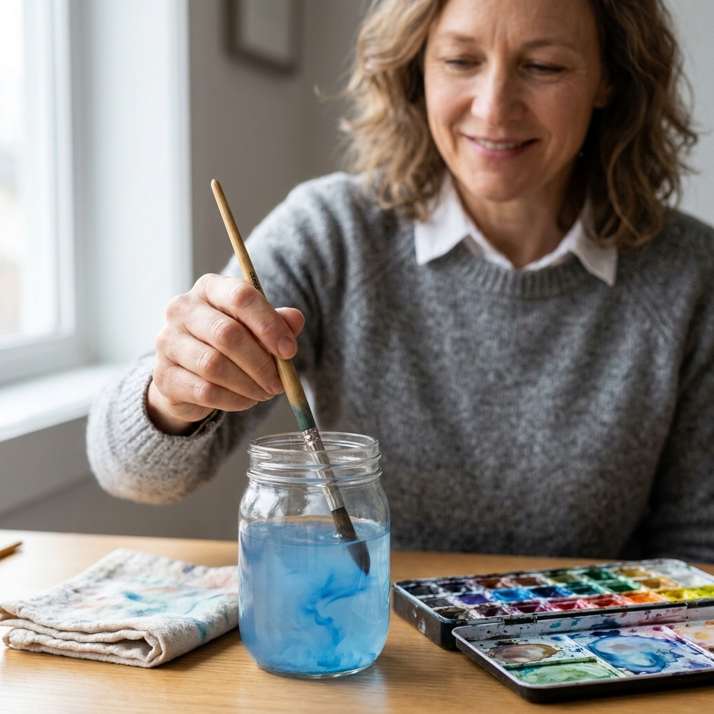 A watercolor round brush being rinsed in a clear glass jar on a desk next to a watercolor palette and a folded cloth