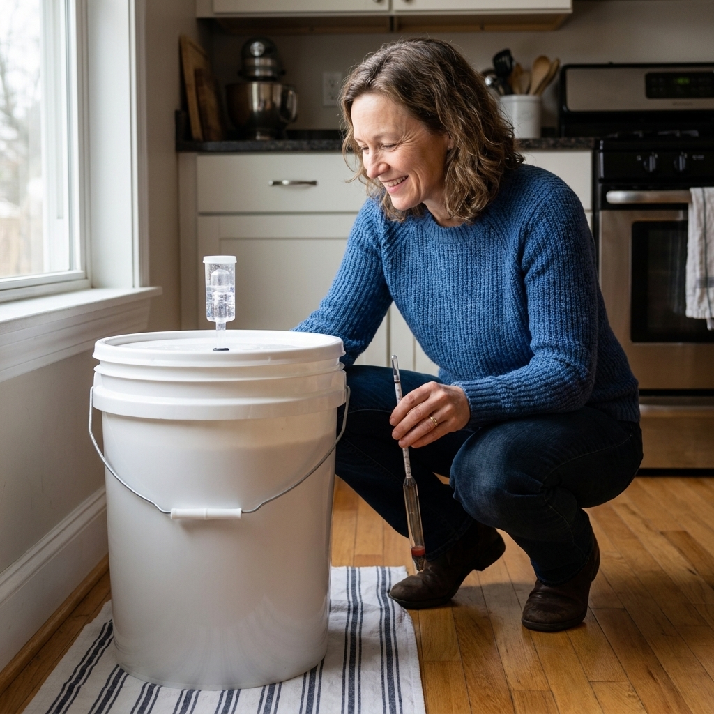 A white plastic fermentation bucket with a clear airlock sitting on a kitchen floor with a towel underneath