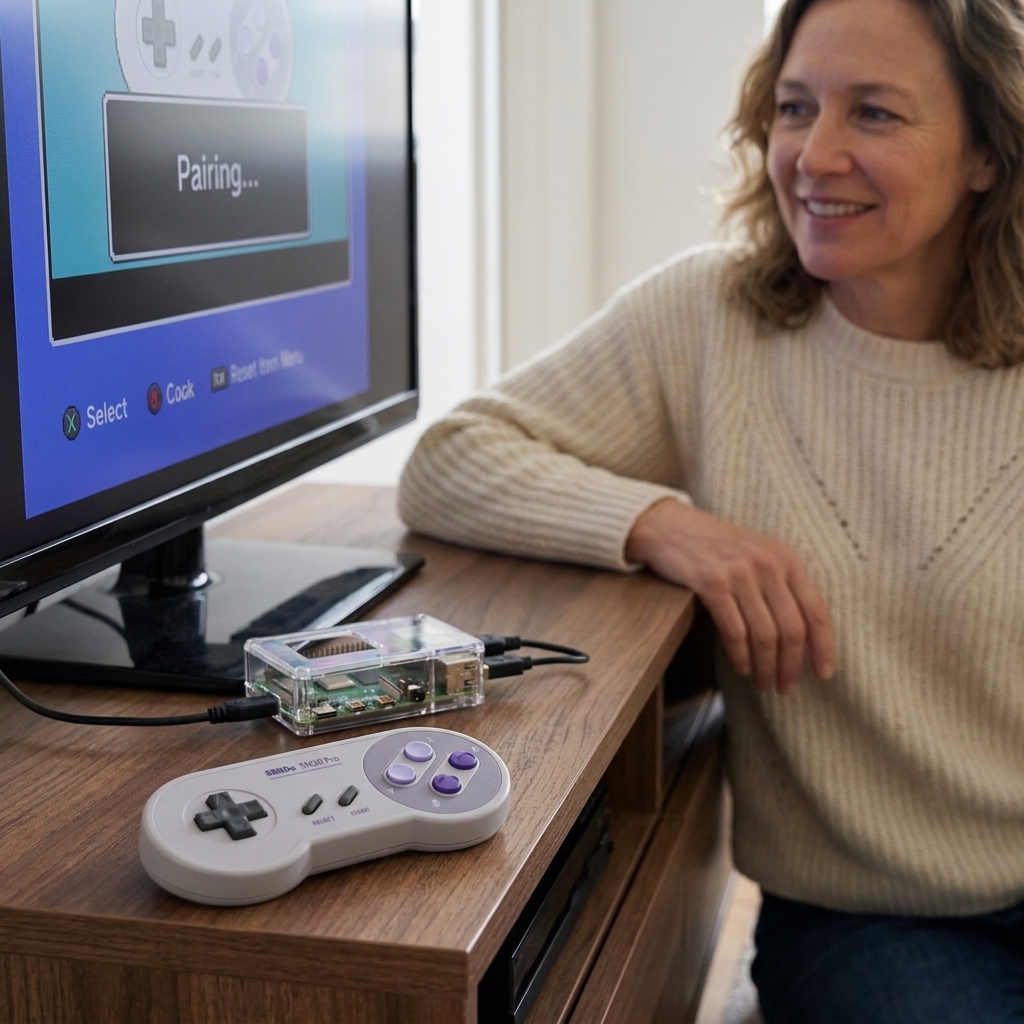 A wireless 8BitDo-style controller resting next to a Raspberry Pi on a TV stand, ready for pairing