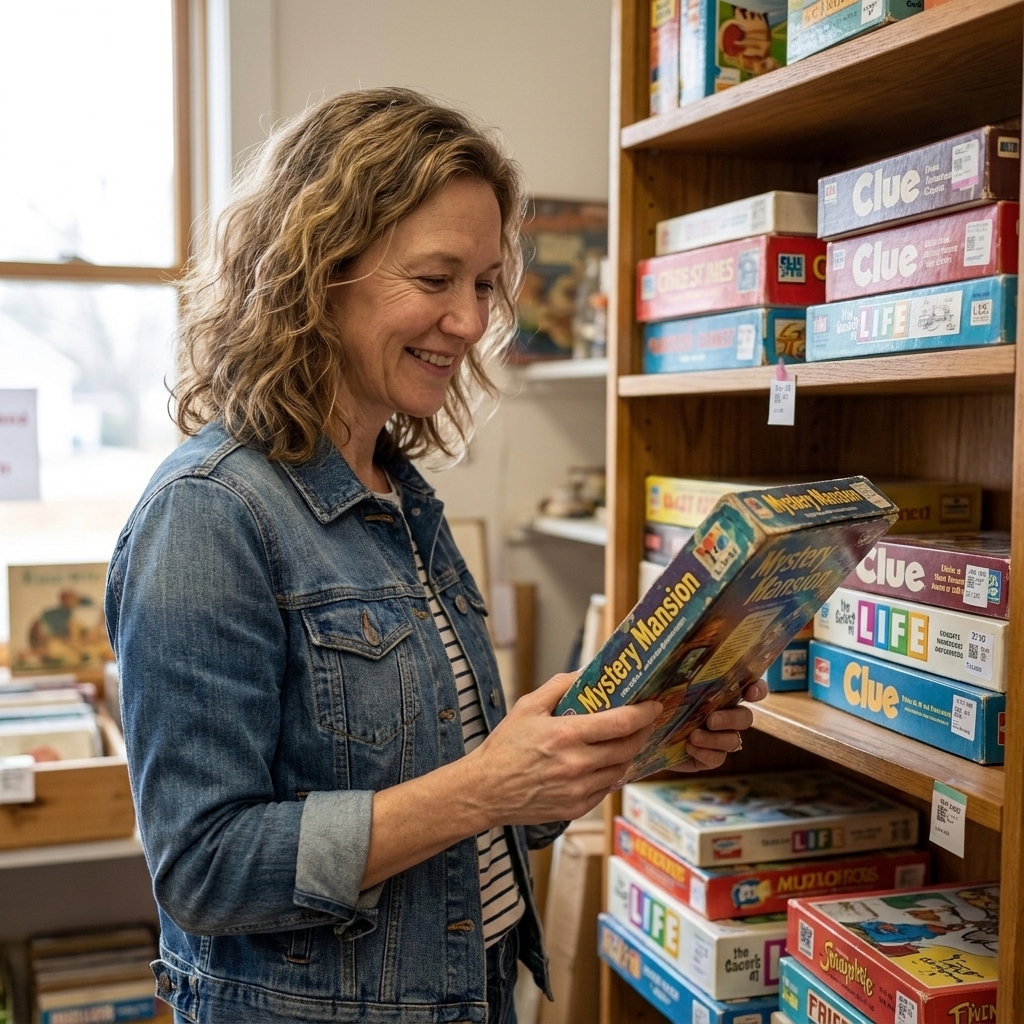 A woman browsing a thrift store shelf of vintage board games, holding a worn game box and smiling with curiosity