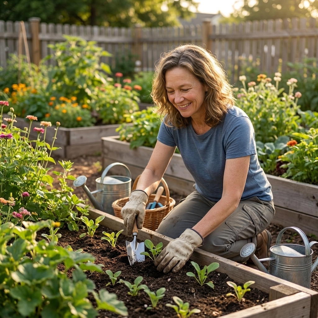 A woman kneeling beside a small raised garden bed in a community garden, gently planting seedlings while wearing gardening gloves and holding a hand trowel