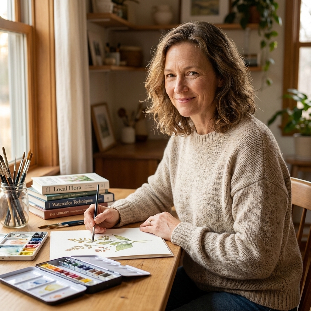 A woman sitting at a cozy craft desk with watercolor paints, a small stack of library books, and a half-finished DIY project in warm natural light from a nearby window