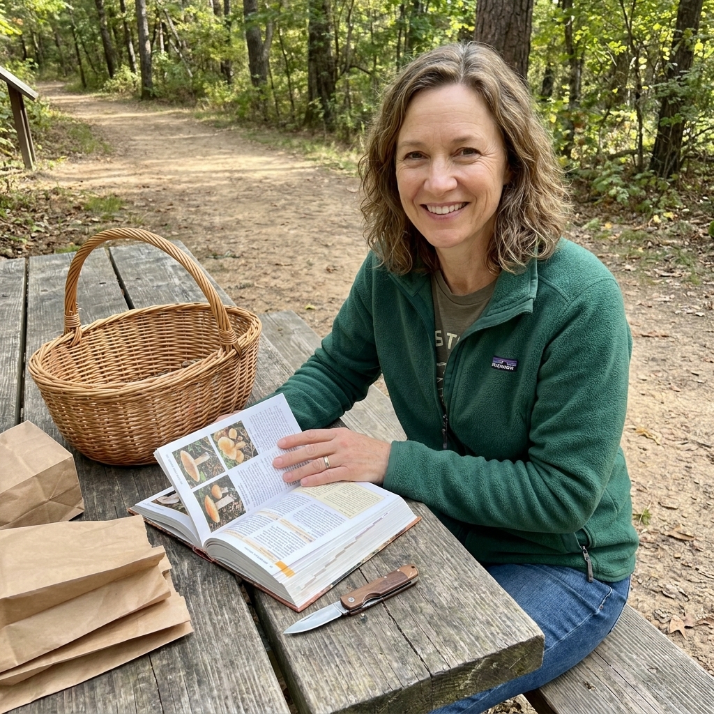 A woven basket with a field guide, a small folding knife, and paper bags laid out on a picnic table at a trailhead
