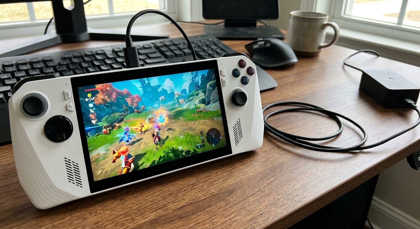 An ASUS ROG Ally on a desk running a game with a USB-C charger connected