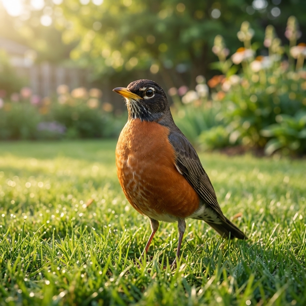 An American Robin standing on green grass in a backyard with soft morning light and a slightly blurred garden in the background