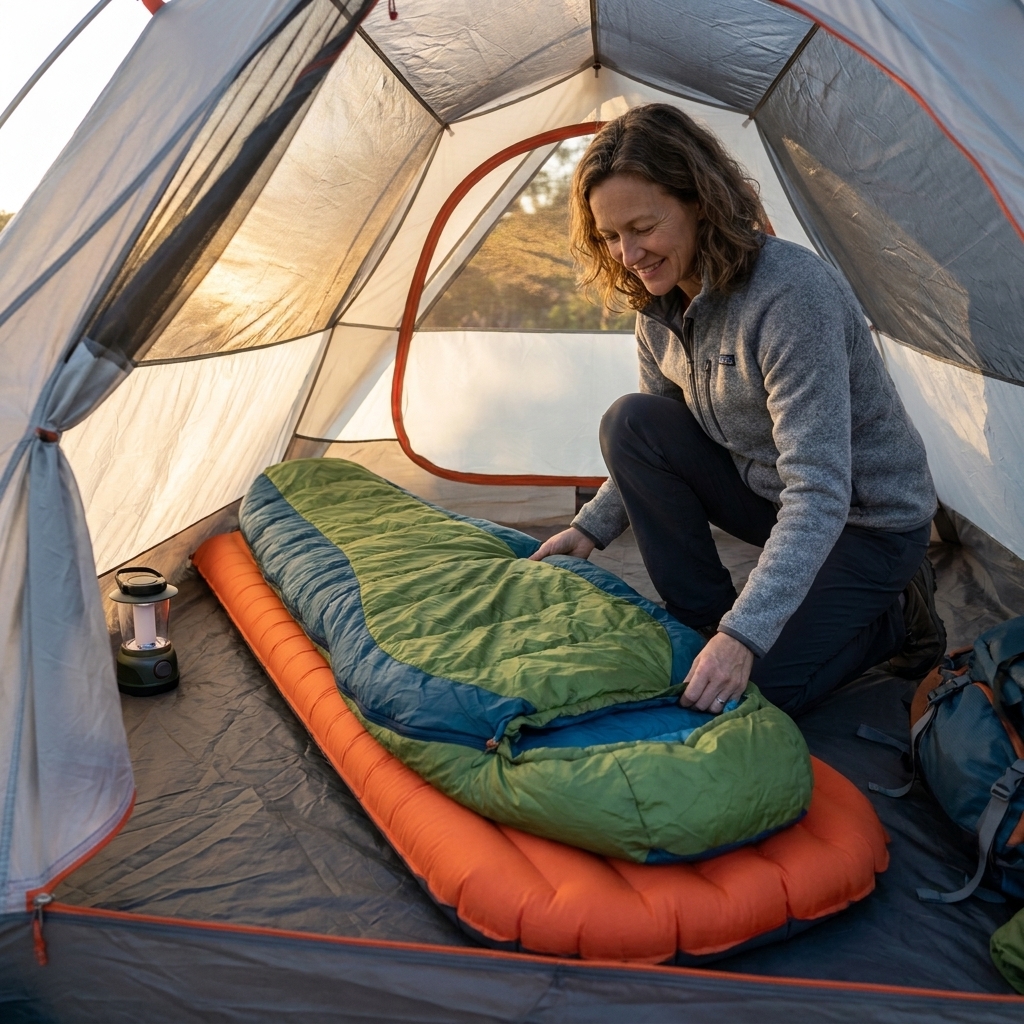An inflatable sleeping pad laid out inside a small backpacking tent with a sleeping bag on top