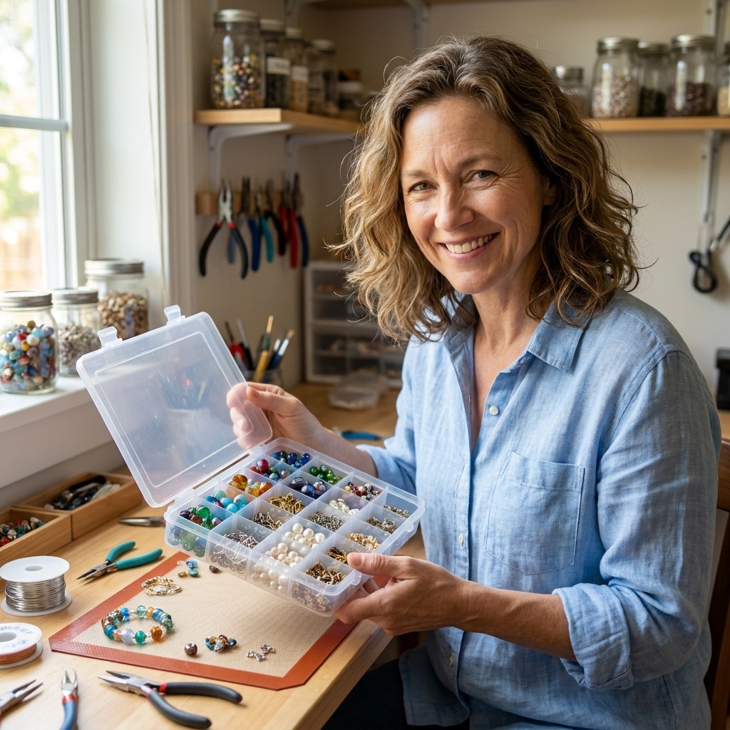 An open clear compartment case filled with sorted beads and jewelry findings in a small craft workspace