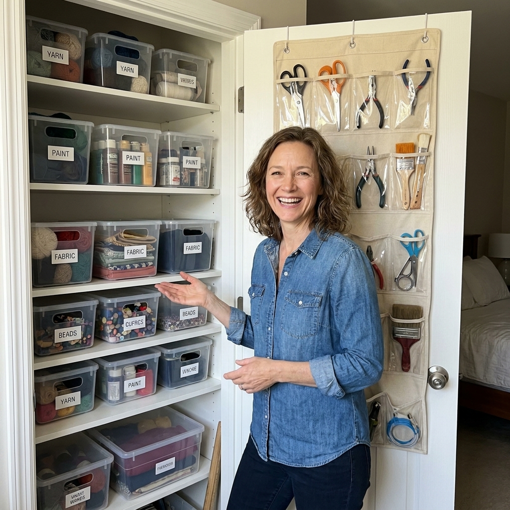 An open closet converted into a craft storage area with shelves, clear labeled bins, and a door organizer holding small tools