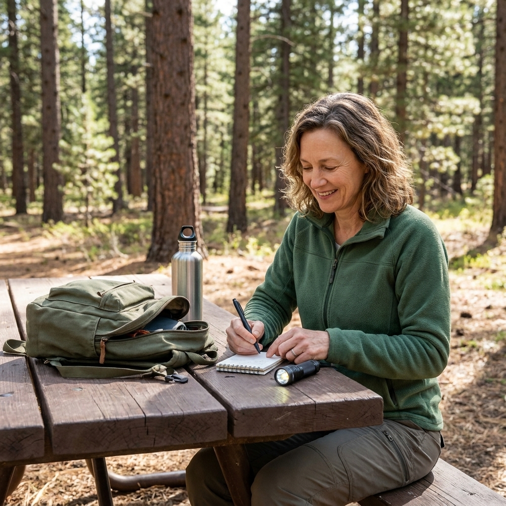 An open daypack on a picnic table with a water bottle, a small notebook, a pen, and a flashlight arranged neatly before a hike