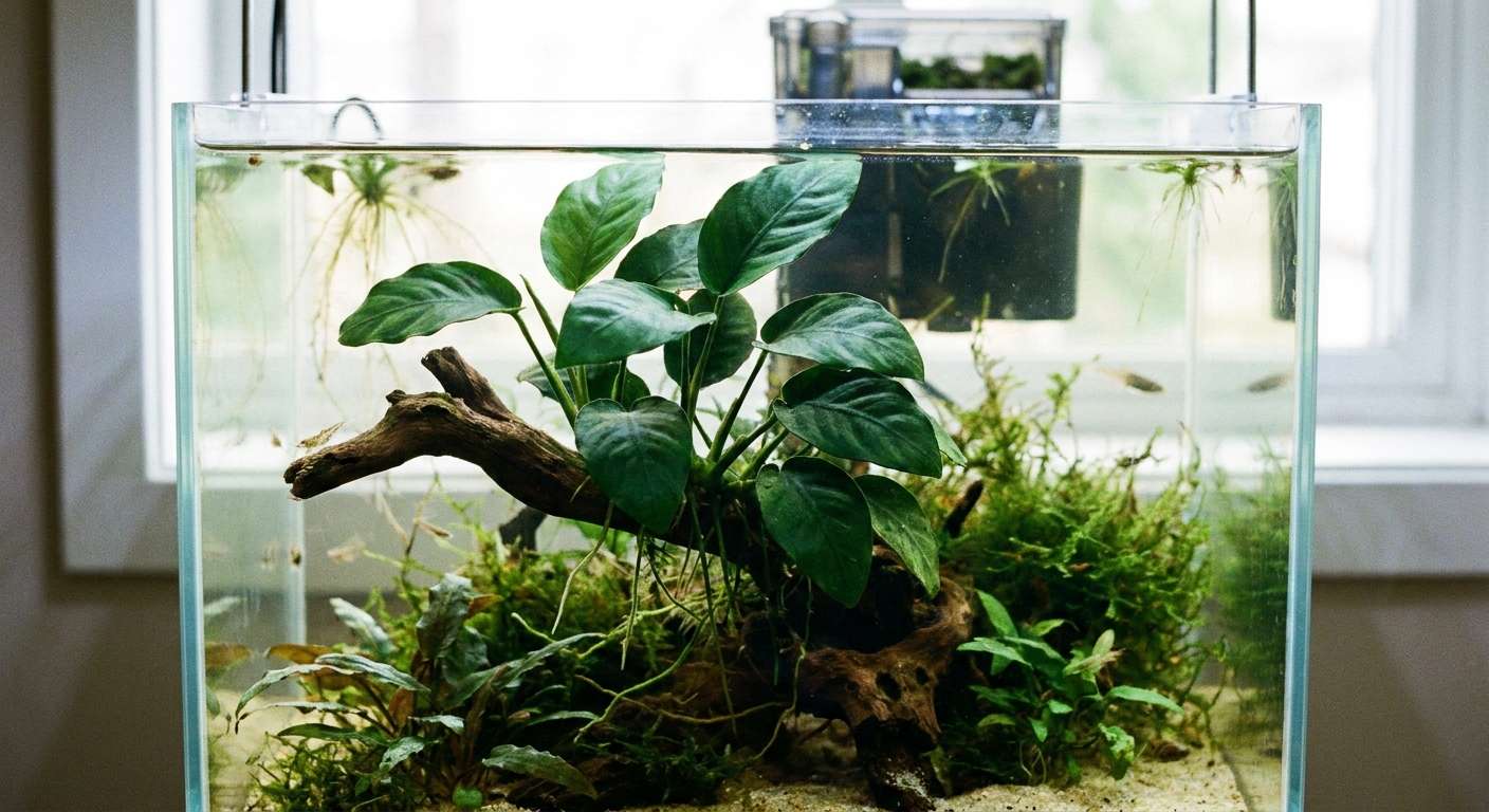 Anubias nana attached to a small piece of driftwood in a planted nano aquarium, with healthy green leaves and clear water