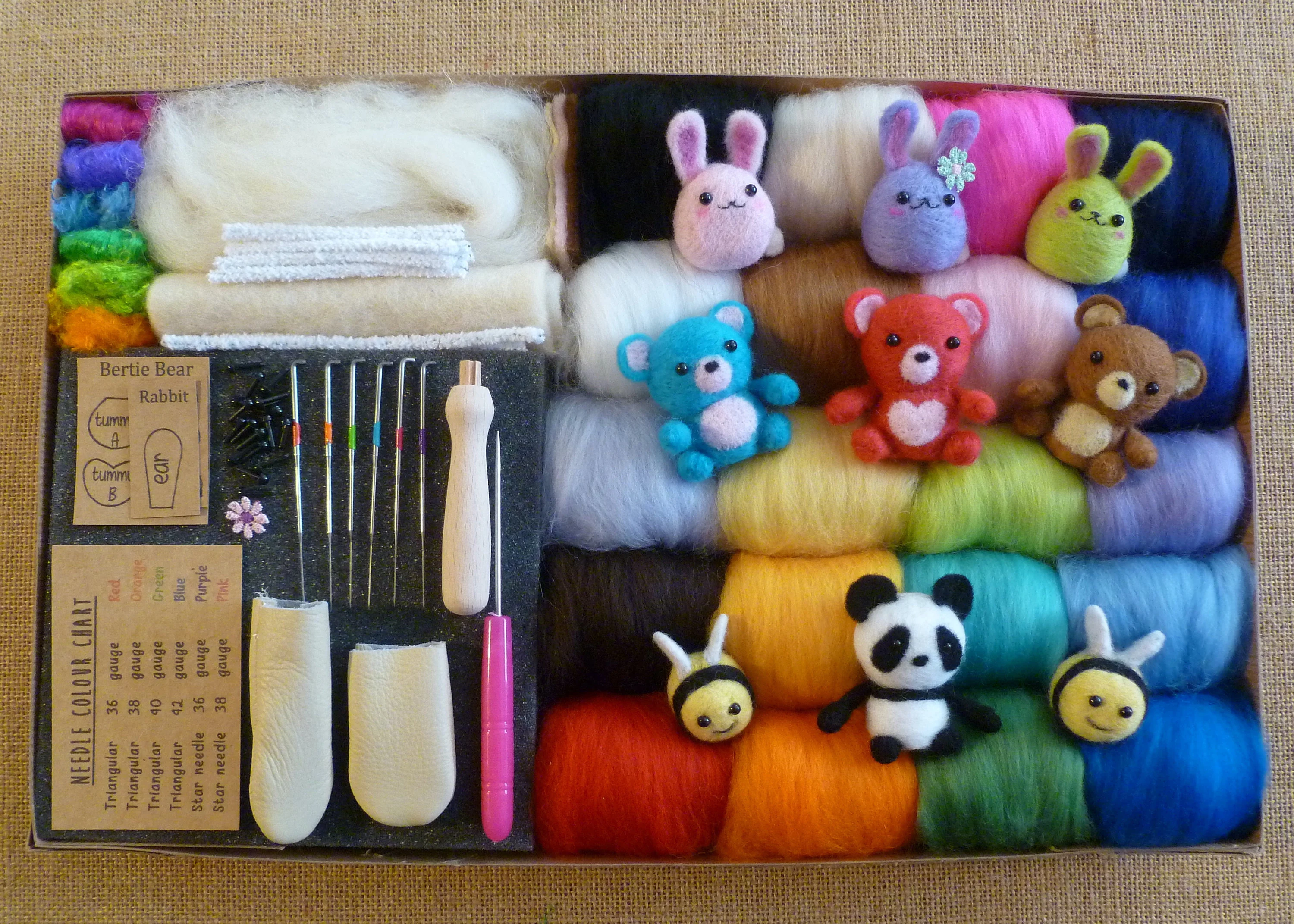 Beginner needle felting setup on a wooden table with a foam felting mat, two felting needles in a handle, small bundles of wool roving in a few colors, and finger guards nearby