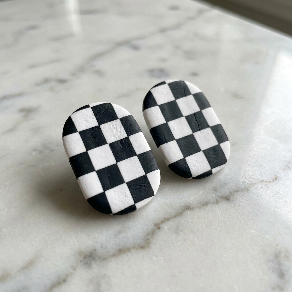 Black and white checkerboard polymer clay earrings in a rounded rectangle shape on a light marble countertop